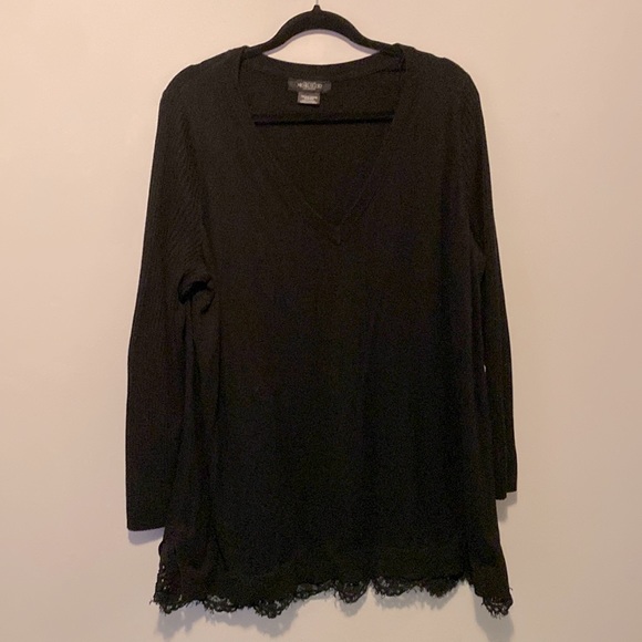 V-neck Sweater with Rib Sleeves & Lace Hem - Picture 1 of 4